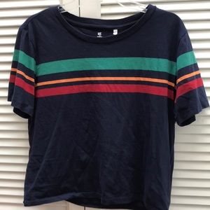 Blue T-shirt with green organs and red stripes